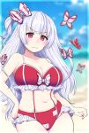  1girl artist_name bangs beach belly bikini blue_sky blunt_bangs blurry blurry_background blush border bow breasts bug butterfly cleavage cloud commentary cowboy_shot eyebrows_visible_through_hair fat_folds flomjom frilled_bikini frills frown fujiwara_no_mokou hair_bow hand_on_hip highres insect large_breasts long_hair looking_at_viewer multicolored_bow navel plump red_bikini red_bow red_eyes red_nails sky solo swimsuit touhou very_long_hair watermark white_bow white_hair 