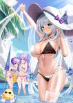  3girls :o absurdres ahoge alternate_hairstyle arm_up azur_lane bangs bare_shoulders beach_umbrella bikini bird black_bikini blue_bikini blue_eyes blue_sky blue_umbrella blush breasts chick chinese_commentary cleavage closed_mouth cloud collarbone commentary_request cup day drink eyebrows_visible_through_hair flat_chest flower green_eyes groin hair_between_eyes hair_flower hair_ornament hair_ribbon halter_top halterneck hands_up hat high_ponytail highleg highleg_bikini highres holding holding_cup holding_innertube holding_shawl holding_umbrella illustrious_(azur_lane) innertube javelin_(azur_lane) javelin_(beach_picnic!)_(azur_lane) large_breasts layered_bikini long_hair looking_at_another looking_at_viewer low-tied_long_hair low_twintails manjuu_(azur_lane) medium_hair mole mole_under_eye multiple_girls navel niballl ocean official_alternate_costume outdoors palm_leaf pink_ribbon ponytail purple_eyes purple_hair red_flower ribbon shawl side-tie_bikini sidelocks single_thighhigh sky small_breasts smile standing stomach sun_hat swimsuit thighhighs twintails two-tone_bikini umbrella underboob unicorn_(azur_lane) very_long_hair wading water_drop white_bikini white_hair white_headwear white_legwear wide_ponytail 