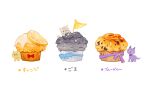  :3 blue_ribbon bow cat commentary_request flag food food_focus fruit grey_cat icing ikkaf_sk in_food looking_at_viewer mini_flag muffin no_humans orange_(food) orange_slice original pennant pinstripe_pattern purple_cat purple_ribbon red_bow ribbon simple_background solid_circle_eyes standing striped striped_ribbon translation_request undersized_animal white_background yellow_cat 
