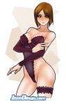  1girl bare_shoulders blush breasts brown_hair clara_(living_with_hipstergirl_and_gamergirl) cowboy_shot eyebrows_visible_through_hair highleg highres jago_dibuja leotard lingerie living_with_hipstergirl_and_gamergirl medium_breasts short_hair solo underwear 