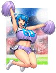  1girl absurdres armpits arms_up blue_hair breasts cheering cheerleader crop_top crop_top_overhang english_text erkaz full_body highres holding holding_pom_poms huge_breasts legs_up looking_at_viewer midriff milestone_celebration navel open_mouth original outline pom_poms red_eyes rina_atherina shoes smile solo twintails white_footwear white_outline 