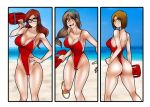  3girls beach blue_hairband blurry blurry_background breasts brown_hair clara_(living_with_hipstergirl_and_gamergirl) cleavage erika_(living_with_hipstergirl_and_gamergirl) feet_out_of_frame glasses hairband highleg highleg_swimsuit highres holding jago_dibuja large_breasts leg_up living_with_hipstergirl_and_gamergirl long_hair low-tied_long_hair multiple_girls one-piece_swimsuit open_mouth rectangular_eyewear red_hair red_swimsuit short_hair smile sophie_(living_with_hipstergirl_and_gamergirl) swimsuit yellow_footwear 
