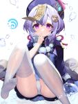  1girl absurdres bangs bead_necklace beads cameltoe coin_hair_ornament commentary dress feet finger_to_mouth genshin_impact hat highres jewelry jiangshi looking_at_viewer necklace no_shoes ofuda panties pantyshot purple_dress purple_eyes purple_headwear qing_guanmao qiqi_(genshin_impact) sitting soles solo thighhighs underwear vision_(genshin_impact) wet white_background white_legwear white_panties yuri_(chocho_q) 