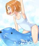 1girl arm_up hair_ornament hairclip highres idolmaster idolmaster_cinderella_girls inflatable_toy open_mouth orange_hair outstretched_arm ryuuzaki_kaoru short_hair smile solo swimsuit upper_teeth water yama_tatsuo 