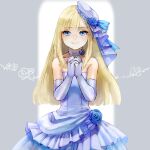  1girl asymmetrical_bangs bangs bare_shoulders blonde_hair blue_choker blue_dress blue_eyes blue_flower blue_headwear blue_rose blunt_bangs choker commentary_request cowboy_shot dress elbow_gloves eyebrows_visible_through_hair fate_(series) flower gloves grey_background hair_flower hair_ornament hands_clasped hat highres holding layered_dress long_hair looking_at_viewer lord_el-melloi_ii_case_files off-shoulder_dress off_shoulder own_hands_together reines_el-melloi_archisorte rose satou_usuzuku smile solo tilted_headwear wedding_dress white_background 