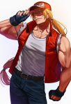  1boy absurdres bare_shoulders baseball_cap blonde_hair blue_eyes bomber_jacket fatal_fury fingerless_gloves gloves hat highres jacket large_pectorals long_hair looking_at_viewer male_focus muscular muscular_male pectorals ponytail smile sokuse_kienta solo terry_bogard the_king_of_fighters vest 