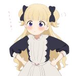  1girl bangs black_dress blonde_hair dress emilyko eyebrows_visible_through_hair hands_on_hips highres long_hair long_sleeves looking_at_viewer pout pouty_lips shadows_house simple_background sincos solo translated two_side_up upper_body white_background 
