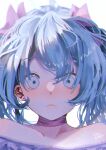 1girl blue_dress blue_eyes blue_hair blush choker collarbone commentary dress ear_piercing hair_ribbon hatsune_miku highres lips long_hair looking_at_viewer piercing pink_ribbon portrait ribbon shell_new_ekaki signature solo strapless strapless_dress twintails vocaloid wide-eyed 