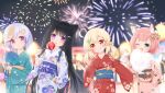  4girls :o :q ;d aerial_fireworks ahoge animal_ear_fluff animal_ears bangs black_hair blonde_hair blue_kimono blurry blurry_background blush candy_apple cat_ears cat_girl cat_tail closed_mouth clover_hair_ornament commentary_request cotton_candy depth_of_field diona_(genshin_impact) eyebrows_visible_through_hair fan fang fireworks floral_print food four-leaf_clover_hair_ornament fufumi genshin_impact green_eyes hair_between_eyes hair_ornament heart highres holding holding_food japanese_clothes kimono klee_(genshin_impact) long_hair long_sleeves low_twintails multiple_girls night night_sky obi one_eye_closed open_mouth original outdoors paper_fan parted_lips pink_hair pink_kimono print_kimono purple_eyes purple_hair qiqi_(genshin_impact) red_eyes red_kimono sash sky sleeves_past_wrists smile tail taiyaki takoyaki tongue tongue_out twintails uchiwa very_long_hair wagashi white_kimono wide_sleeves 
