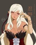  1girl artist_name bangs bare_shoulders beige_gloves blonde_hair breasts character_name cleavage closed_mouth collarbone commentary dark-skinned_female dark_skin dress elbow_gloves english_commentary eyebrows_visible_through_hair gloves hand_up highres kiss-shot_acerola-orion_heart-under-blade kizumonogatari lips lipstick long_hair looking_away makeup monogatari_(series) orange_eyes pointy_ears red_dress satokoart sleeveless solo upper_body vampire 