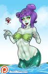  1boy 1girl bare_shoulders blue_sky breasts cala_maria_(cuphead) cloud cloudy_sky colored_sclera colored_skin cowboy_shot cuphead cuphead_(game) eyeshadow green_skin hands_up highres jago_dibuja large_breasts looking_at_viewer makeup mermaid monster_girl octopus open_mouth partially_submerged patreon_logo purple_hair sky smile snake_hair solo_focus tongue tongue_out water watermark web_address yellow_sclera 