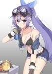  1girl bangs belt bikini black_belt black_bikini blue_jacket blue_ribbon blue_shorts blush breasts brown_gloves cleavage collarbone commentary_request cropped_jacket eyebrows_visible_through_hair gloves goggles goggles_on_head gradient gradient_background grey_background hair_between_eyes hair_ribbon hand_up highres iseshi jacket leaning_forward looking_at_viewer medium_breasts mifuyu_(princess_connect!) off_shoulder open_clothes open_jacket parted_lips princess_connect! puffy_short_sleeves puffy_sleeves purple_eyes purple_hair ribbon short_shorts short_sleeves shorts solo standing swimsuit white_background 