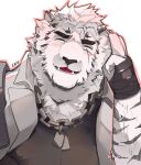  1boy animal_ears arknights bandaged_hands bandages black_tank_top blush chain_necklace dog_tags fangs furry highres jacket jacket_on_shoulders male_focus mountain_(arknights) pectorals sak_(sakarov_) salute scar scar_across_eye short_hair solo tank_top thick_eyebrows tiger_boy tiger_ears two-finger_salute upper_body white_fur white_hair 