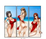  3girls ass beach black_hair breasts brown_hair cleavage closed_eyes dimples_of_venus feet_out_of_frame glasses highleg highleg_swimsuit highres hiroko_(living_with_hipstergirl_and_gamergirl) huge_breasts jago_dibuja julia_(living_with_hipstergirl_and_gamergirl) large_breasts living_with_hipstergirl_and_gamergirl long_hair looking_at_viewer medium_hair multiple_girls one-piece_swimsuit outdoors red_hair red_swimsuit solenne_(living_with_hipstergirl_and_gamergirl) swimsuit wedgie 