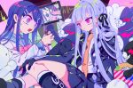  2girls @_@ bangs black_background black_gloves black_jacket black_ribbon black_skirt blue_hair blunt_bangs boots bow braid character_name commentary danganronpa:_trigger_happy_havoc danganronpa_(series) from_side gloves hair_ornament hair_ribbon hairclip highres jacket kirigiri_kyouko knee_boots long_hair long_sleeves maizono_sayaka monokuma multiple_girls necktie orange_neckwear osshouri55 pantyhose pink_background pink_bow pink_eyes pleated_skirt ribbon sailor_collar shiny shiny_hair shirt side_braid skirt striped sweat television white_shirt 