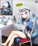  1girl bangs barefoot black_eyes bloop_(gawr_gura) blue_hair blue_robe blush can crossed_legs eyewear_on_head fish_tail gawr_gura glasses head_tilt highres holding holding_newspaper holding_weapon hololive hololive_english ikea korean_commentary legs looking_at_viewer multicolored_hair newspaper photo-referenced photo_(medium) photo_inset polearm qualthis reference_photo_inset robe shark_tail sharp_teeth silver_hair sitting smile solo sparkle streaked_hair tail teeth trident two_side_up virtual_youtuber weapon yagoo 