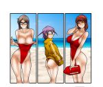  3girls arm_up ass bangs bare_shoulders beach blue_sky breasts brown_jacket closed_eyes clothes_pull collarbone day elly_(living_with_hipstergirl_and_gamergirl) feet_out_of_frame hairband highleg highleg_swimsuit highres holding horizon jacket jago_dibuja large_breasts living_with_hipstergirl_and_gamergirl long_sleeves megan_(living_with_hipstergirl_and_gamergirl) multiple_girls one-piece_swimsuit outdoors purple_hairband red_swimsuit sky smile sonia_(living_with_hipstergirl_and_gamergirl) swimsuit swimsuit_pull 