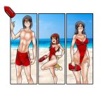  1boy 2girls arm_up artur_(living_with_hipstergirl_and_gamergirl) beach black_hair blue_sky breasts carmen_(living_with_hipstergirl_and_gamergirl) cleavage feet_out_of_frame highleg highleg_swimsuit highres holding horizon jago_dibuja large_breasts leg_up living_with_hipstergirl_and_gamergirl long_hair lucy_(living_with_hipstergirl_and_gamergirl) male_swimwear multiple_girls navel one-piece_swimsuit outdoors pectorals red_hair red_swimsuit shoes sky small_breasts swim_trunks swimsuit yellow_footwear 