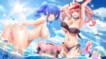  5girls :q ahoge arched_back armpits arms_up ass azur_lane ball bare_arms bare_shoulders beachball bent_over bikini black_bikini black_choker blue_hair breast_envy breasts bremerton_(azur_lane) choker cleavage day double_bun hair_ribbon highres holding large_breasts long_hair looking_at_viewer looking_back marblehead_(azur_lane) memphis_(azur_lane) mole mole_on_breast multiple_girls navel navel_piercing one-piece_swimsuit outdoors piercing pink_hair purple_eyes ribbon saratoga_(azur_lane) shaded_face side-tie_bikini silveroid st._louis_(azur_lane) stomach strapless sun sunlight swimsuit thighs tongue tongue_out tubetop twintails wading water wet white_bikini 
