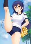  1girl bangs blue_buruma blue_hair blue_sky buruma cloud commentary_request cowboy_shot day gym_uniform hands_on_hips high_kick highres hino_minato_(spec.c) kicking long_hair looking_at_viewer love_live! love_live!_school_idol_project outdoors pom_poms shirt sky smile solo sonoda_umi standing standing_on_one_leg swept_bangs t-shirt white_shirt yellow_eyes 