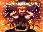  1girl bangs black_dress blonde_hair bow breasts candle chin_coropon closed_eyes commentary_request cookie_(touhou) cowboy_shot dress eyebrows_visible_through_hair fire flame fudge hair_between_eyes hands_on_own_head happy_birthday hat highres kirisame_marisa long_hair medium_breasts open_mouth puffy_short_sleeves puffy_sleeves purple_bow shirt short_sleeves solo star_(symbol) touhou turtleneck uzuki_(cookie) white_shirt witch_hat 