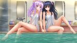  2girls bangs bare_arms bare_legs bare_shoulders barefoot bath black_hair blush breasts choujigen_game_neptune closed_mouth collarbone commentary commission crossed_legs eyebrows_visible_through_hair hair_between_eyes hands_together high_ponytail highres indoors kazenokaze legs medium_breasts multiple_girls naked_towel nepgear neptune_(series) ponytail purple_eyes purple_hair red_eyes sitting smile towel two_side_up uni_(neptune_series) water 