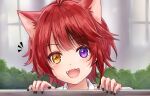  1boy :d animal_ear_fluff animal_ears antenna_hair bangs black_nails blush brown_eyes commentary_request eyebrows_visible_through_hair fangs heterochromia looking_at_viewer male_focus nail_polish notice_lines open_mouth portrait purple_eyes red_hair rinu_(niconico) smile solo strawberry_prince sunameri_(pixiv3564245) utaite_(singer) 