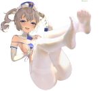  1girl bangs barbara_pegg blonde_hair blue_eyes blush breasts detached_collar elbow_gloves feet fuenyuan genshin_impact gloves hat highres leaning_back legs long_hair looking_at_viewer nipple_slip nipples no_shoes open_mouth pantyhose smile solo thighband_pantyhose twintails white_gloves white_headwear white_legwear 