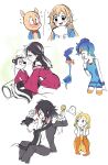  5boys 5girls black_hair blonde_hair blue_hair blush english_commentary flying_sweatdrops genderswap genderswap_(mtf) heart highres himuhino humanization jacket long_hair looney_tunes multicolored_hair multiple_boys multiple_girls pants pepe_le_pew porky_pig road_runner_(looney_tunes) shirt short_hair sweat sweating_profusely sylvester_(looney_tunes) tongue tongue_out tweety_bird white_hair 