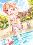  1girl ;d absurdres barefoot bunny gochuumon_wa_usagi_desu_ka? highres hoto_cocoa legs one_eye_closed open_mouth orange_hair painter-lhb pink_swimsuit pool purple_eyes smile soles swimsuit tippy_(gochiusa) water wild_geese 