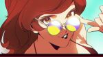  1girl absurdres bacchus_lpiii bare_shoulders bra brown_eyes brown_hair earrings finger_on_eyewear glasses green_background highres jewelry lips long_hair looking_at_viewer lupin_iii makeup mascara mine_fujiko orange_eyes stud_earrings sunglasses swimsuit underwear upper_body 