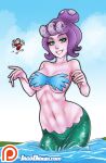  1boy 1girl bare_shoulders blue_eyes blue_sky breasts cala_maria_(cuphead) cloud cloudy_sky colored_skin cowboy_shot cuphead cuphead_(game) eyeshadow hands_up highres jago_dibuja large_breasts looking_at_viewer makeup mermaid monster_girl octopus parted_lips partially_submerged patreon_logo pink_skin purple_hair sky smile solo_focus suction_cups tentacle_hair water watermark web_address 