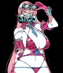  1girl adjusting_eyewear between_breasts bikini breasts cleavage detached_sleeves gas_mask gloves goggles goggles_on_head kafun large_breasts long_hair necktie necktie_between_breasts original simple_background solo swimsuit tsurime very_long_hair 