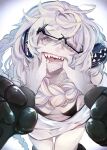  1girl abyssal_ship bangs bikini black_bikini black_gloves braid breasts finger_in_mouth glasses gloves highres kantai_collection leaning_forward long_hair messy_hair ruohire9 sharp_teeth small_breasts solo_focus supply_depot_princess swimsuit tears teeth thigh_gap white_background white_hair 