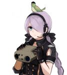  1girl animal animal_on_head asymmetrical_gloves binoculars bird bird_on_head black_gloves blue_eyes braid buttons choker closed_mouth double-breasted girls_frontline gloves hair_over_one_eye hair_ribbon headset highres holding holding_binoculars jacket long_hair looking_away on_head one-eyed purple_hair rampart1028 ribbon simple_background solo steyr_scout_(girls_frontline) twintails upper_body white_background 