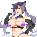 1girl bangs bare_shoulders bikini braid breasts clothing_cutout commentary_request earrings genshin_impact hair_between_eyes hand_on_hip highleg highleg_bikini highres jewelry keqing_(genshin_impact) large_breasts long_hair looking_at_viewer manabebebe navel open_mouth purple_bikini purple_eyes purple_hair shiny shiny_skin shoulder_cutout simple_background single_braid skindentation solo strapless strapless_bikini swimsuit symbol-shaped_pupils tassel twintails twisted_torso upper_body v-shaped_eyebrows 