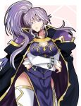  1girl armor bangs black_cape bracelet cape crossed_arms elbow_gloves eyebrows_behind_hair fire_emblem fire_emblem:_genealogy_of_the_holy_war gloves hair_behind_ear head_tilt ishtar_(fire_emblem) jewelry long_hair looking_at_viewer pauldrons pelvic_curtain ponytail purple_eyes purple_hair rem_sora410 shoulder_armor solo thighhighs tied_hair white_gloves 