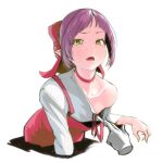  1girl bow choker clothes_pull collarbone commentary_request fang fingernails gegege_no_kitarou hair_bow mak_neutral nekomusume nekomusume_(gegege_no_kitarou_6) pink_bow pink_choker pointy_ears purple_hair short_hair simple_background single_bare_shoulder white_background yellow_eyes 