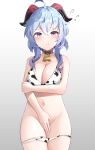  1girl :t absurdres ahoge animal_print bell bikini blue_hair blush breasts covering covering_crotch cow_print cowbell ganyu_(genshin_impact) genshin_impact highres horns looking_at_viewer medium_breasts navel panties panty_pull pout purple_eyes swimsuit t373412 underwear 