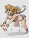 1girl all_fours angry ayla_(chrono_trigger) blonde_hair caveman chrono_trigger claws curly_hair fangs full_body fur_scarf green_eyes highres long_hair open_mouth running scarf simple_background solo uzutanco white_background 