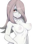  1girl breasts closed_mouth collarbone commentary completely_nude english_commentary hair_over_one_eye highres light_purple_hair little_witch_academia long_hair looking_at_viewer medium_breasts navel nude pale_skin pink_hair puffy_nipples red_eyes shiny shiny_hair shiny_skin simple_background slugbox solo sucy_manbavaran upper_body white_background 