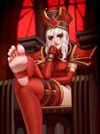  1girl barefoot breasts chair commentary crossed_legs elbow_gloves english_commentary feet foot_focus gloves greek_toe highres kairunoburogu light_smile lips long_hair looking_at_viewer looking_down red_eyes red_gloves red_legwear sally_whitemane sitting smile soles solo stirrup_legwear thighhighs thighs throne toeless_legwear toes warcraft white_hair 