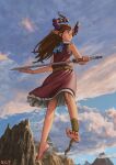  1girl absurdres blue_eyes blue_neckwear brown_hair chain cloud fantasy frown highres horns long_hair looking_to_the_side midair mountain original pointy_ears red-core_timber sky sleeveless standing sword watermark weapon 