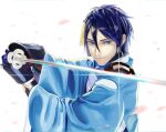  1boy blue_eyes blue_hair blue_pupils bright_pupils closed_mouth gauntlets glint gloves greatmosu hair_between_eyes haori highres holding holding_sword holding_weapon japanese_clothes katana long_sleeves looking_at_viewer male_focus mikazuki_munechika purple_gloves smile solo sword tassel touken_ranbu two-handed upper_body weapon 