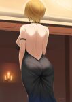  1girl armlet ass back backless_dress backless_outfit bare_shoulders black_dress blonde_hair breasts dress earrings facing_away from_behind girls_frontline highres indoors jewelry kion-kun large_breasts official_alternate_costume pantylines short_hair solo vsk-94_(girls_frontline) 
