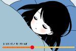  1girl :o bangs blanket blush closed_eyes commentary_request dot_nose dutch_angle fake_video head_on_pillow highres katsuwo_(cr66g) kotoha_(mitsuboshi_colors) lying mitsuboshi_colors number on_back on_bed partially_colored pillow sleeping solo under_covers 