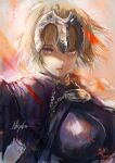  1girl artist_name bangs blonde_hair breasts capelet chain fate/apocrypha fate/grand_order fate_(series) headpiece highres jeanne_d&#039;arc_(fate) jeanne_d&#039;arc_(fate)_(all) large_breasts lips nkyoku parted_lips pink_lips purple_capelet purple_eyes short_hair solo upper_body 