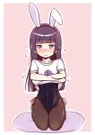  1girl animal_ears black_hair black_legwear black_leotard blush bow bowtie bunny_ears detached_collar embarrassed fake_animal_ears full_body gokou_ruri herunin highres leotard leotard_under_clothes long_hair looking_at_viewer mole mole_under_eye nose_blush ore_no_imouto_ga_konna_ni_kawaii_wake_ga_nai pantyhose playboy_bunny purple_eyes seiza shirt sitting solo t-shirt undressing white_shirt 