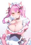  1girl :3 alternate_costume animal_ears breasts cat_ears choker cleavage enmaided finger_to_mouth heart heart-shaped_pupils highres kanola_u large_breasts maid musubime naughty_face pink_hair seductive_smile shiny shiny_skin simple_background smile solo symbol-shaped_pupils tsukiyomi_yomi twintails virtual_youtuber white_background 