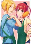  1boy 1girl apron blonde_hair blue_shirt blush braid brown_eyes corn_dog eating food hand_on_hip highres holding holding_food long_hair long_sleeves looking_at_another lu_xiaotang pink_background red_hair sakamoto_days shin_(sakamoto_days) shirt short_sleeves shorts simple_background sonoda_(mzm) standing sweatdrop 